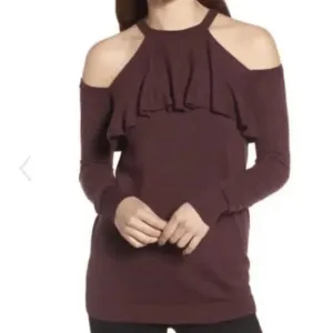 Chelsea28 Cold Shoulder Ruffle Sweater Women's Size S Maroon Long Sleeve