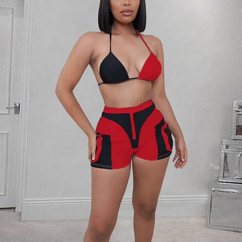 Colorblock Pocket Design Shorts Set