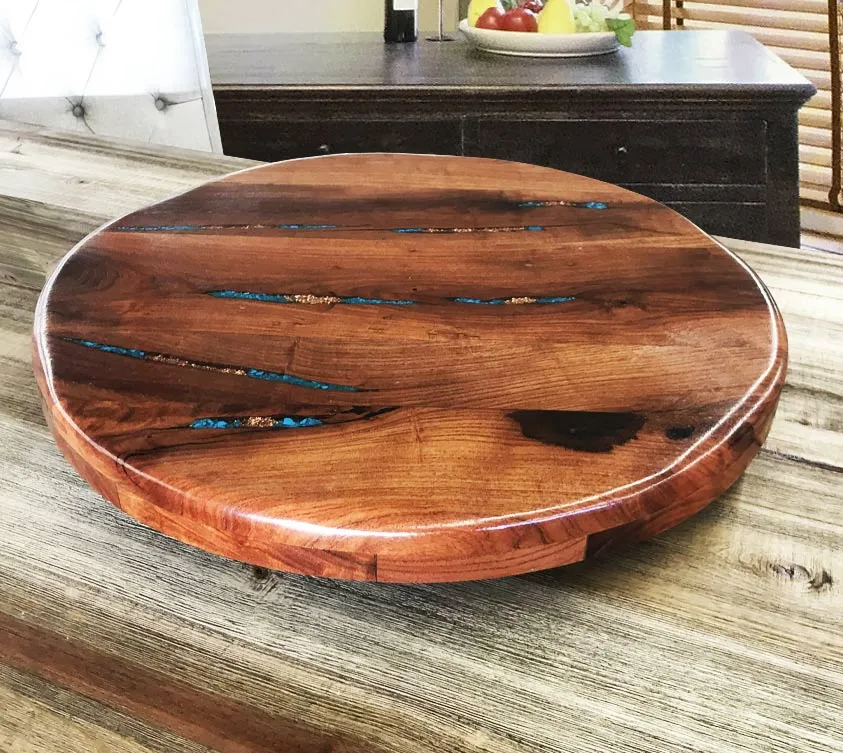 Custom Mesquite Wood Lazy Susan With Copper & Turquoise Inlay