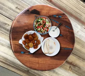 Custom Mesquite Wood Lazy Susan With Copper & Turquoise Inlay