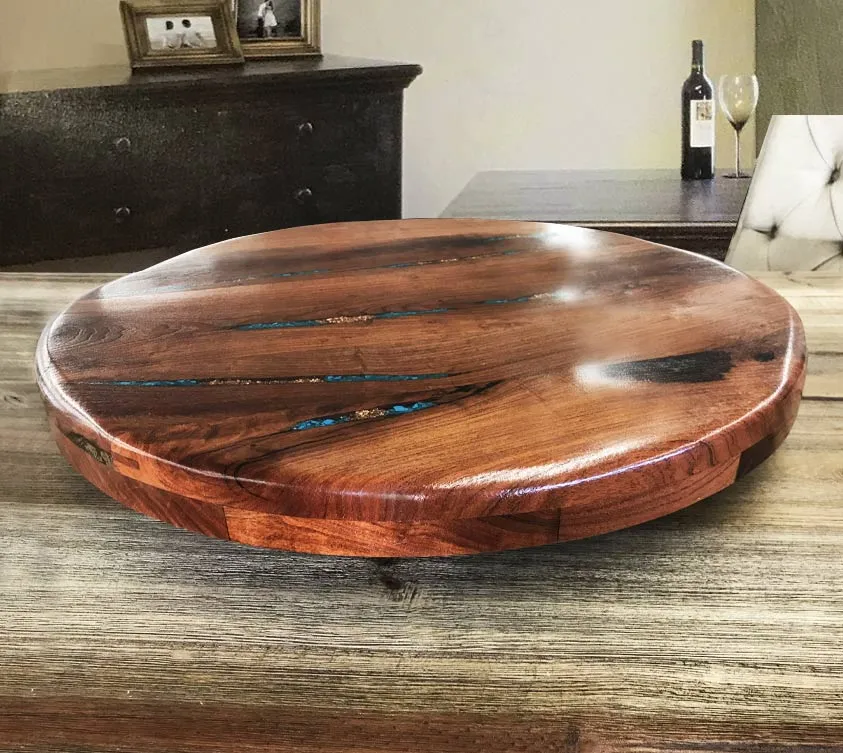 Custom Mesquite Wood Lazy Susan With Copper & Turquoise Inlay