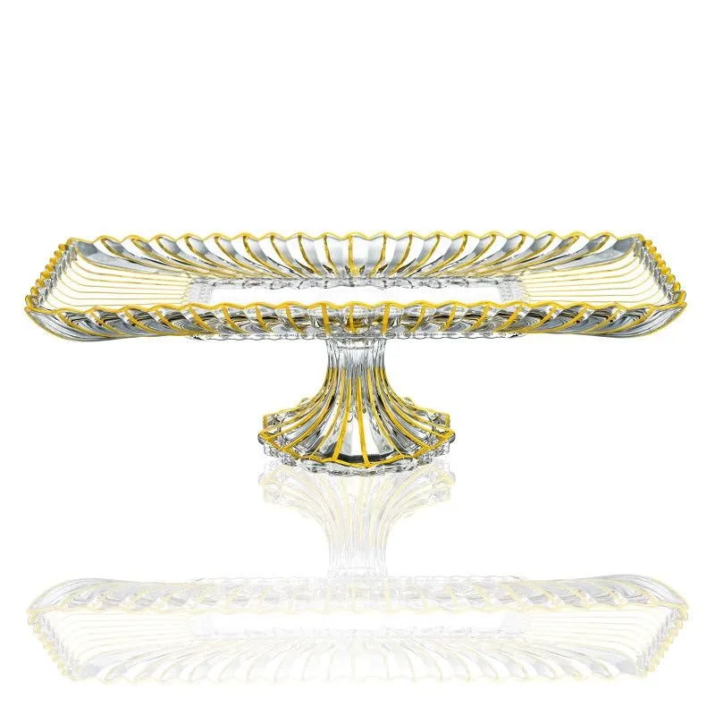 (D) Rectangular Fluted Gold and Clear Cake Stands for Party 14.8" x 6.9"