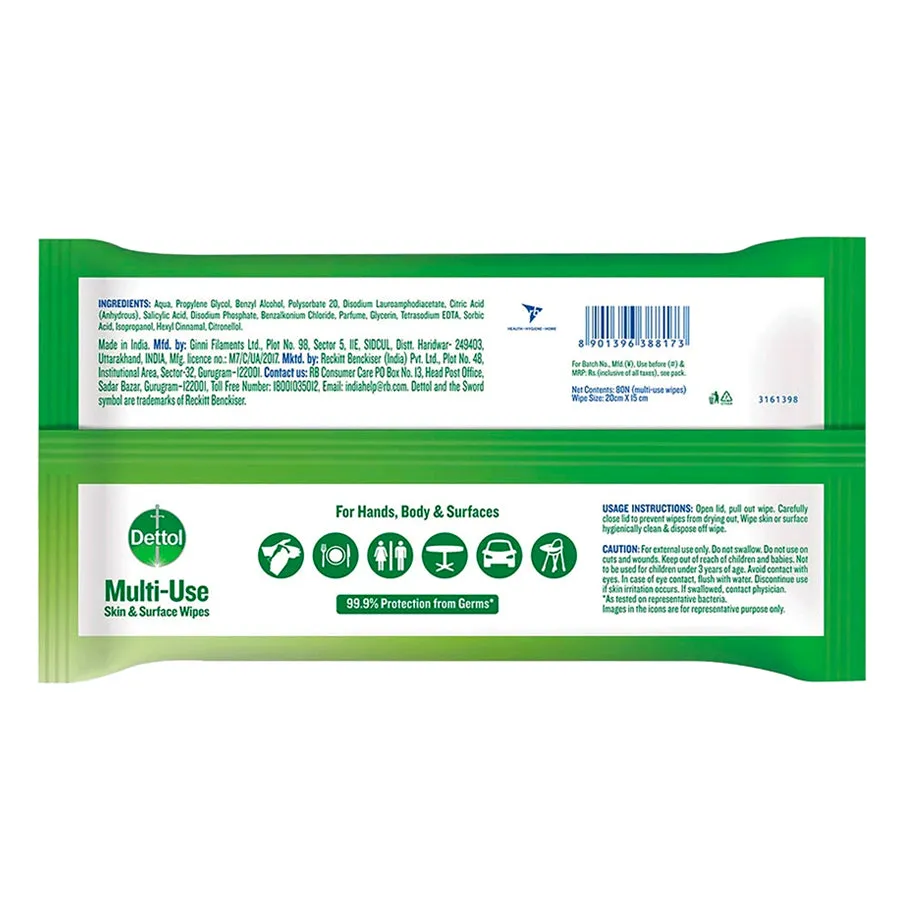 Dettol Disinfectant Skin & Surface Sanitizing Wipes, Original 80 Count