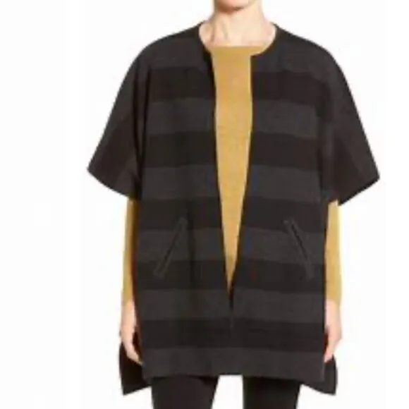 Eileen Fisher SZ M/L Black &amp; Charcoal Stripe open front cardigan timeless lagenl