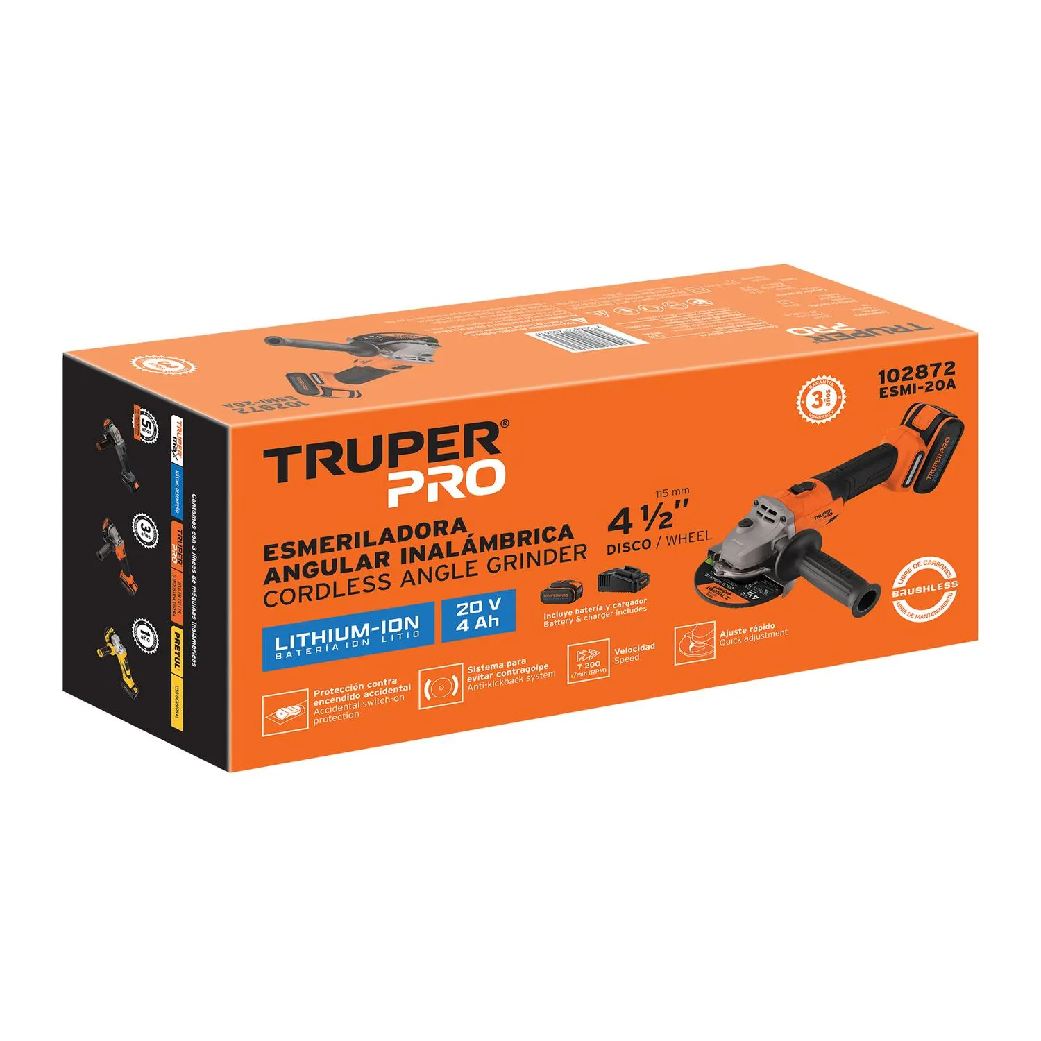 Esmeriladora angular inal. 4-1/2' 20V, 1 bat. 4Ah,1 carg., Truper 102872