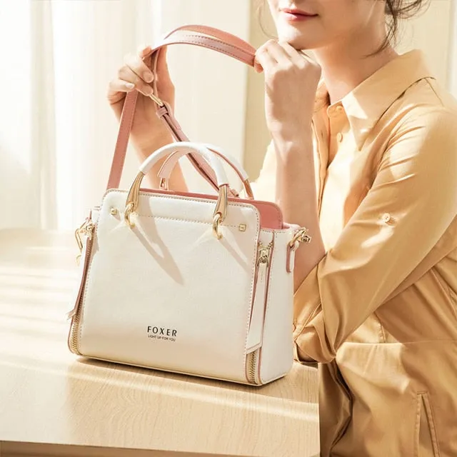 FOXER Women Fashion Cow Leather Handbag Top Handle Purse Commute Crossbody Bag Elegant Ladies Shoulder Bag Female Totes