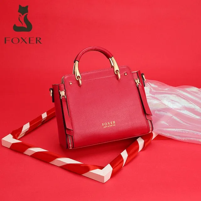 FOXER Women Fashion Cow Leather Handbag Top Handle Purse Commute Crossbody Bag Elegant Ladies Shoulder Bag Female Totes