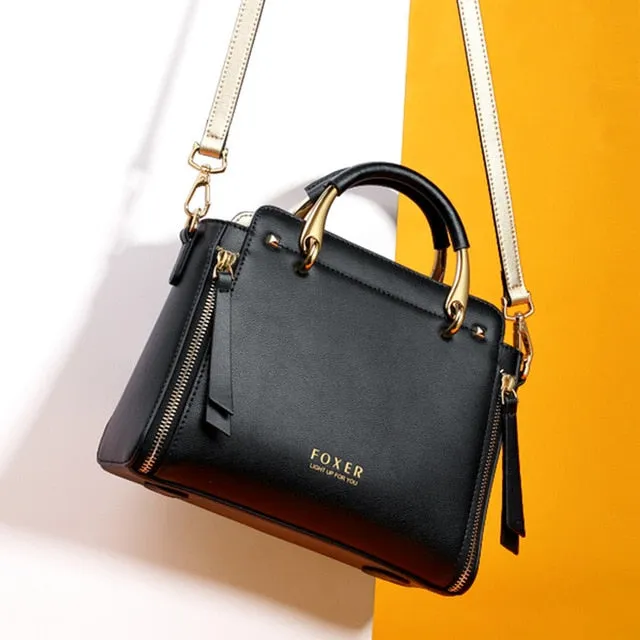 FOXER Women Fashion Cow Leather Handbag Top Handle Purse Commute Crossbody Bag Elegant Ladies Shoulder Bag Female Totes