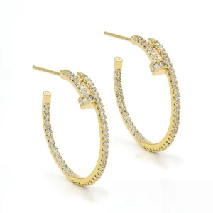 Gold Plated Inside Out Nail, Trendy Micro Pave Hoop Earrings