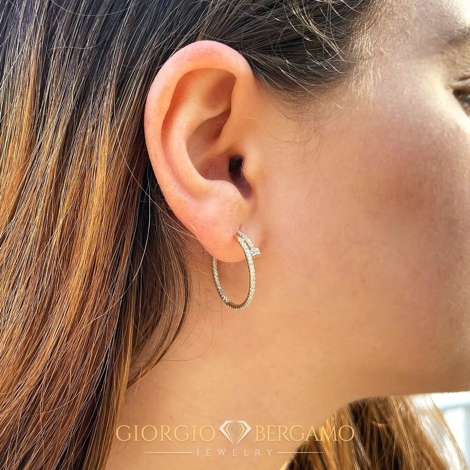 Gold Plated Inside Out Nail, Trendy Micro Pave Hoop Earrings