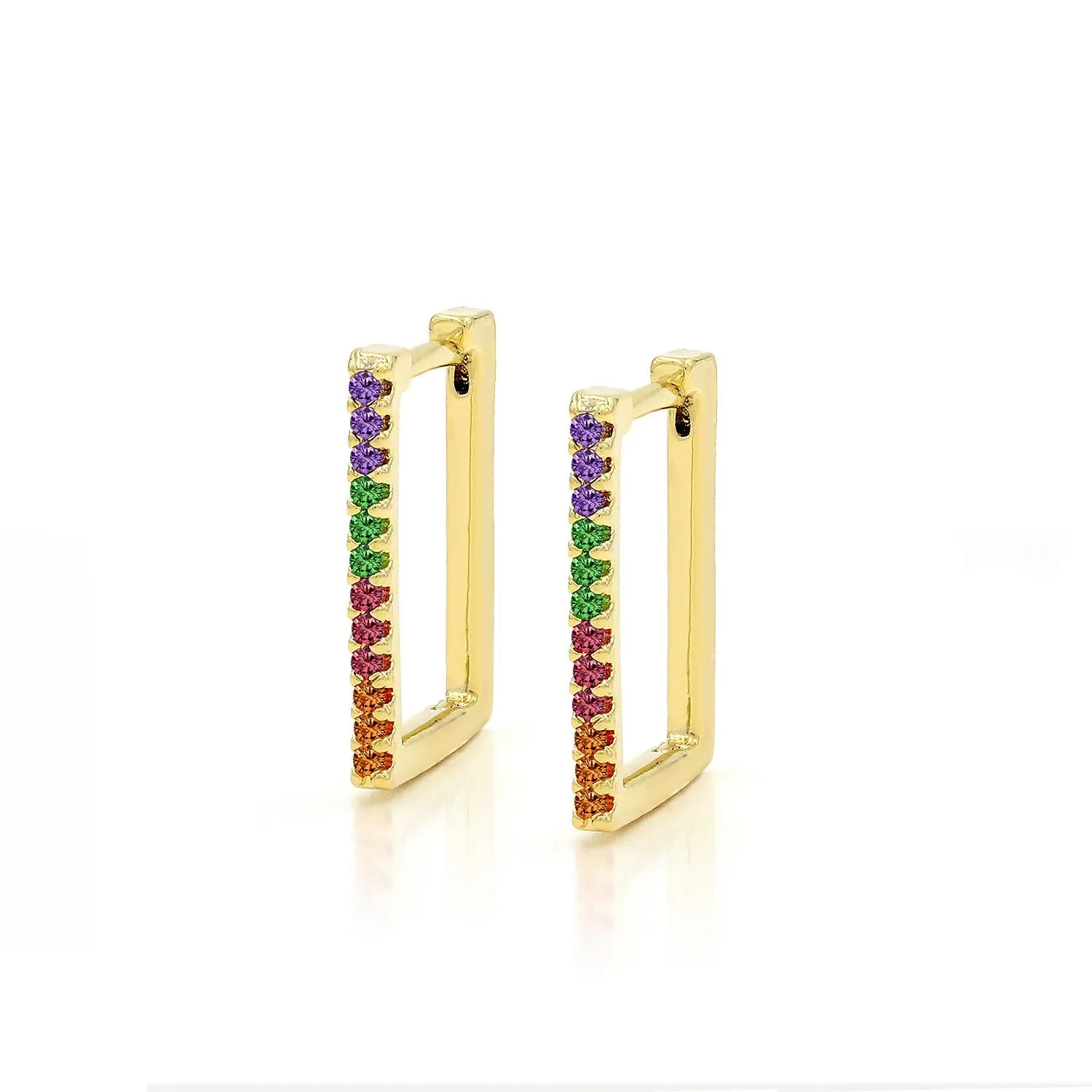 Gold Plated Trendy Rainbow Cubic Zirconia Rectangular Hoop Earrings