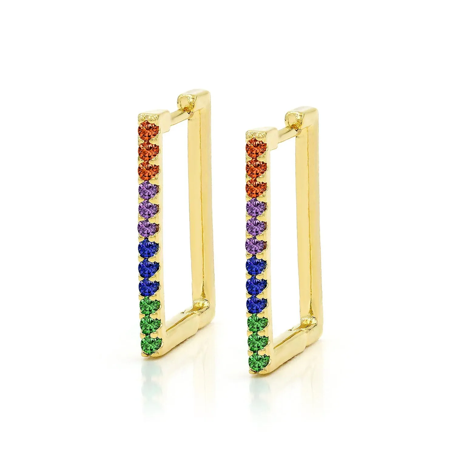 Gold Plated Trendy Rainbow Cubic Zirconia Rectangular Hoop Earrings
