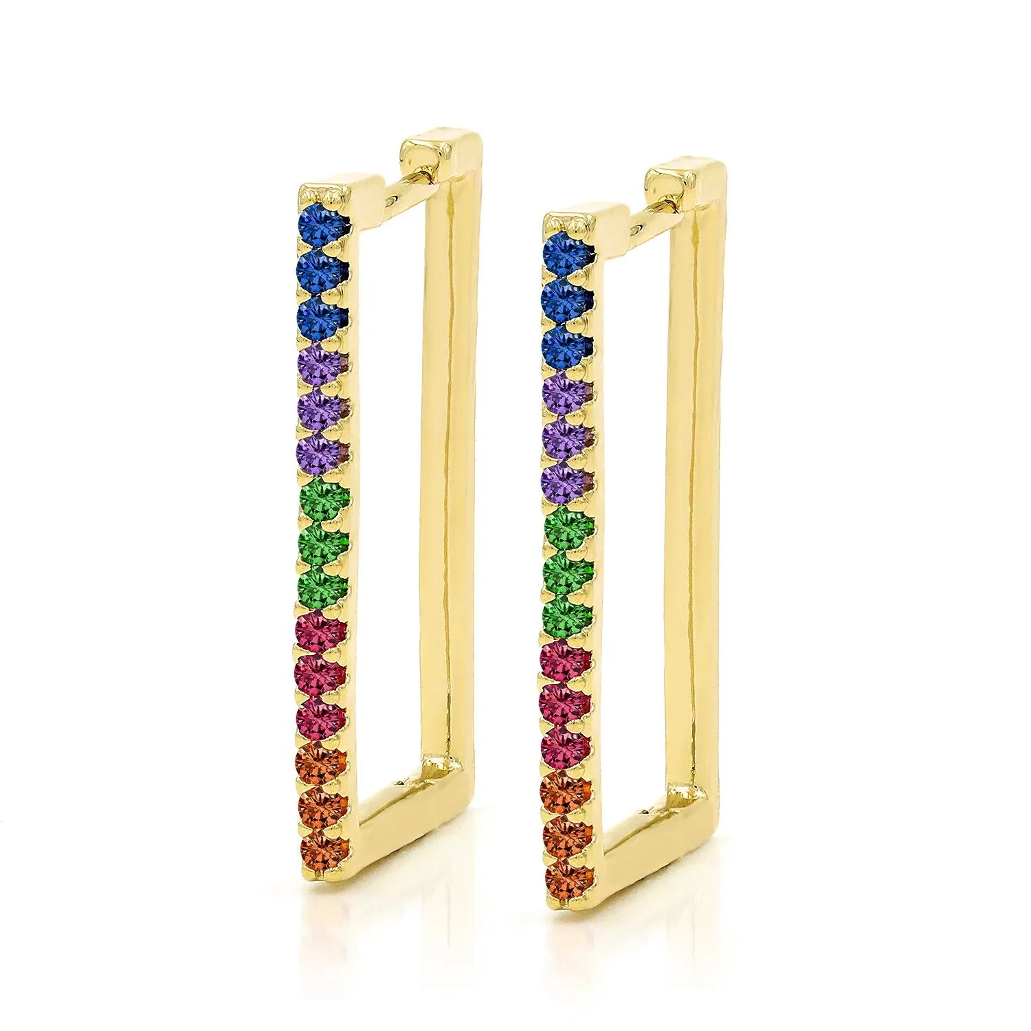 Gold Plated Trendy Rainbow Cubic Zirconia Rectangular Hoop Earrings