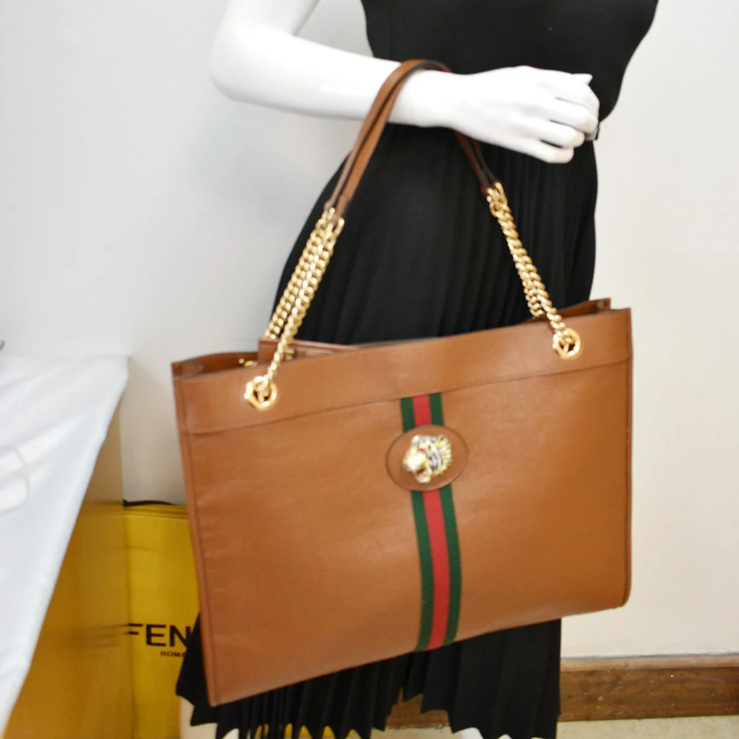 GUCCI Rajah Large Leather Tote Shoulder Bag Brown 537219