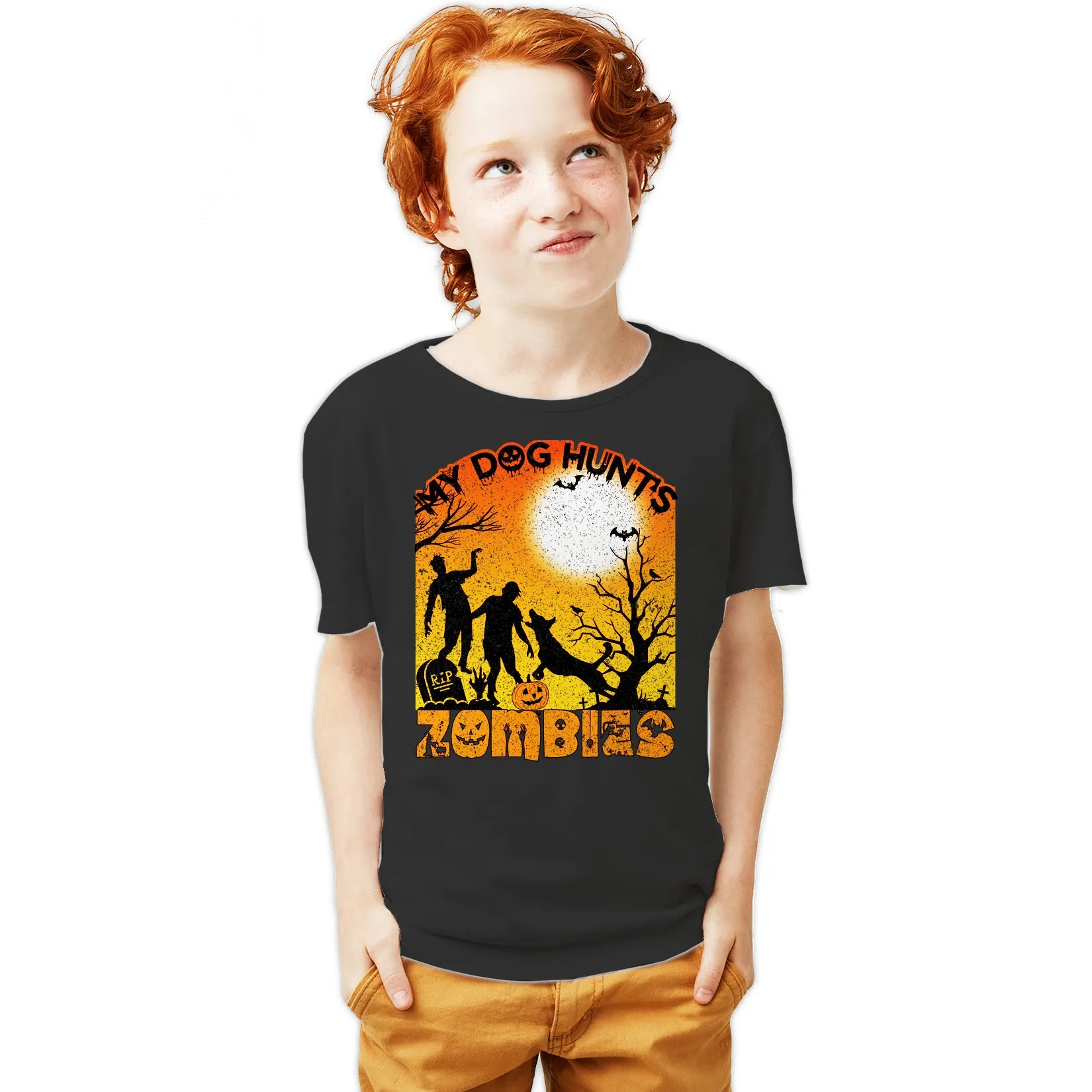Halloween Horror My Dog Hunts Zombies Graveyard Scary Funny Youth T-shirt