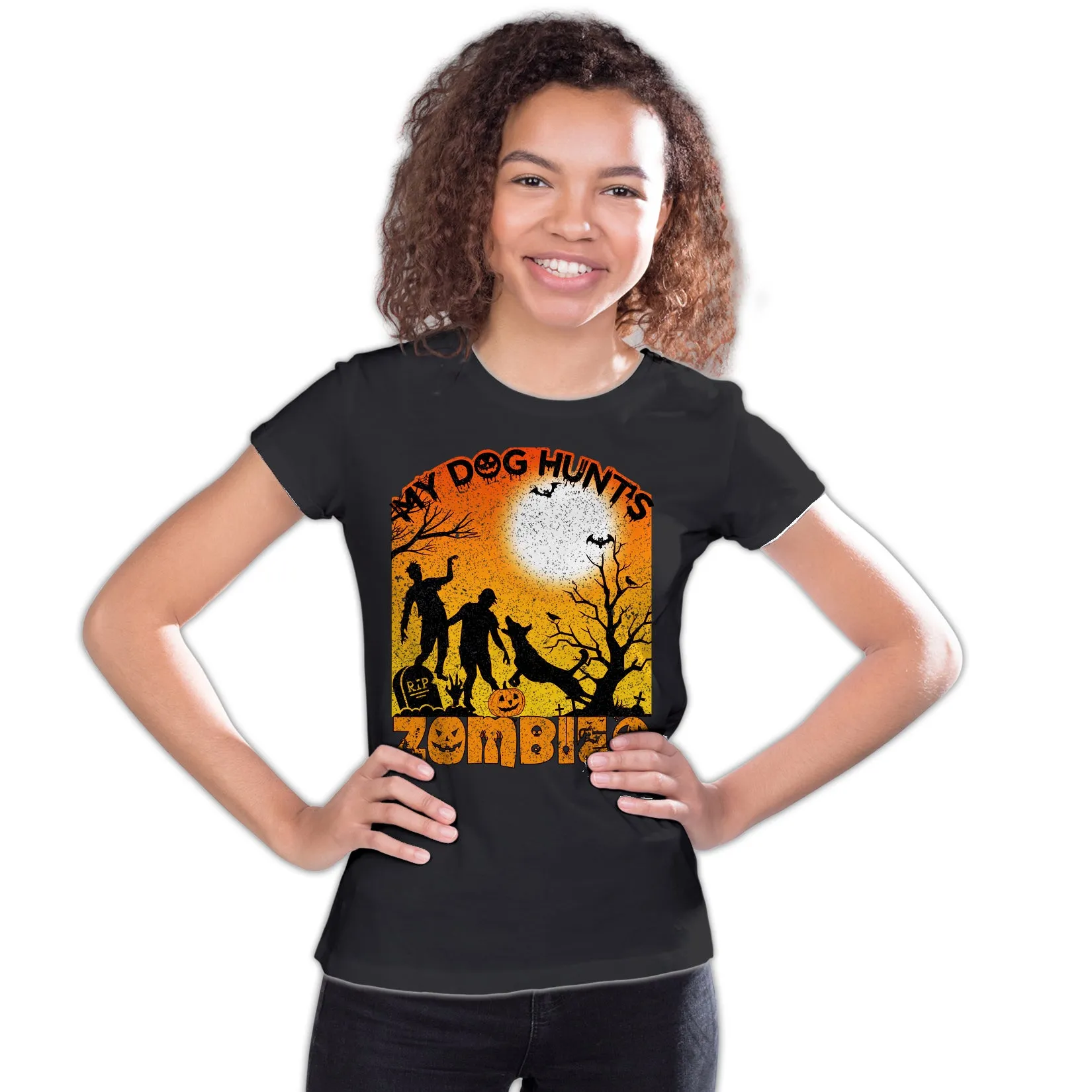 Halloween Horror My Dog Hunts Zombies Graveyard Scary Funny Youth T-shirt