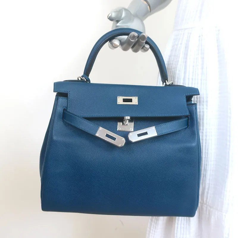 Hermes Kelly 28 Retourne Bleu Thalassa Epsom Leather Palladium Hardware 2015