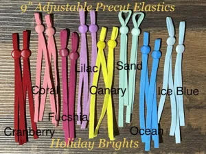 Holiday BRIGHTS Collection of adjustable elastic bands for masks in EIGHT colors. Cranberry, Blues, Gold and more. Ships from Ohio.