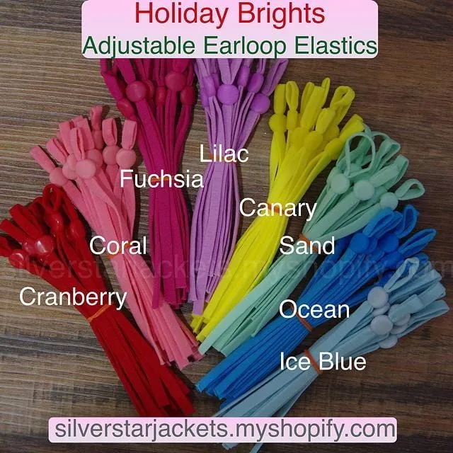 Holiday BRIGHTS Collection of adjustable elastic bands for masks in EIGHT colors. Cranberry, Blues, Gold and more. Ships from Ohio.