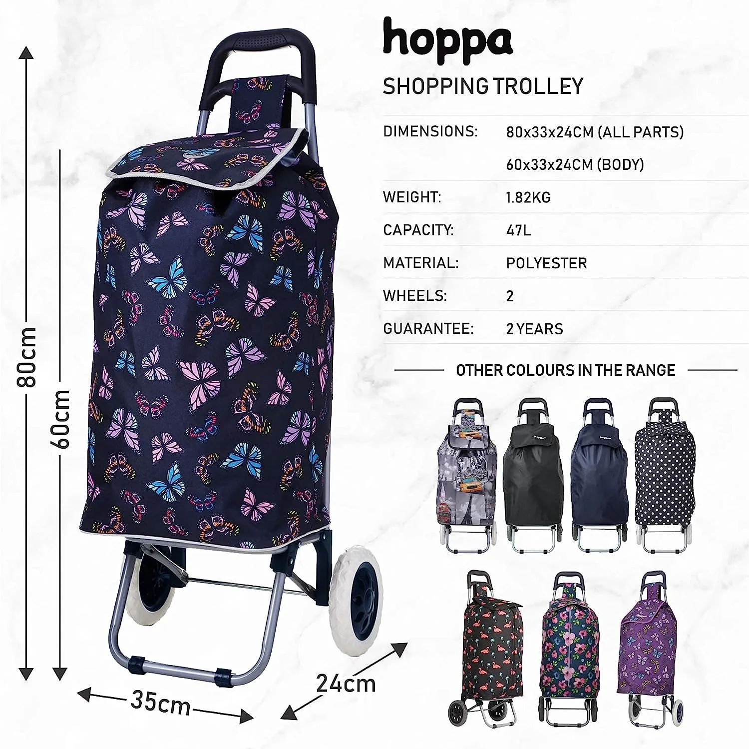 Hoppa Mini 47L Lightweight Wheeled Shopping Trolley, 2023 Model, Hard Wearing & Foldaway for Easy Storage With 1 years Guarantee