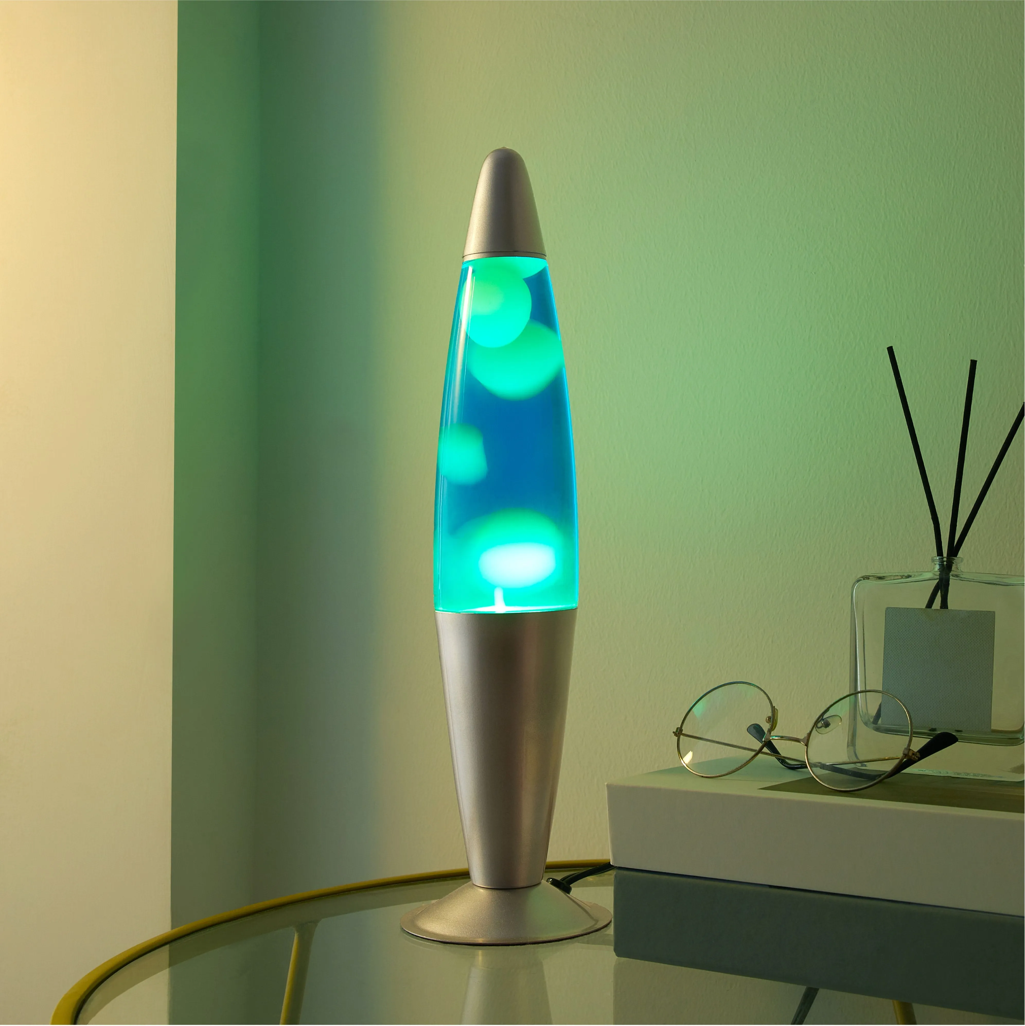 Import to AutoDS    Urban Shop, 16" Yellow/Blue Lava Motion Volcano Lamp, Yellow Wax in Blue Liquid, Silver Metal Base, LED