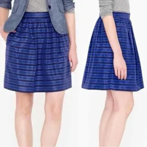 J. Crew NWOT Blue &amp; Navy Pockets Striped Satin Taffeta Cotton Knee Length Skirt
