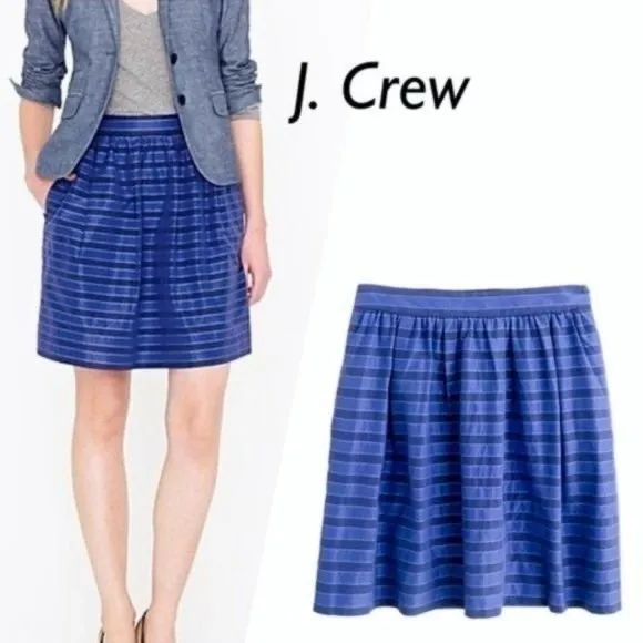 J. Crew NWOT Blue &amp; Navy Pockets Striped Satin Taffeta Cotton Knee Length Skirt