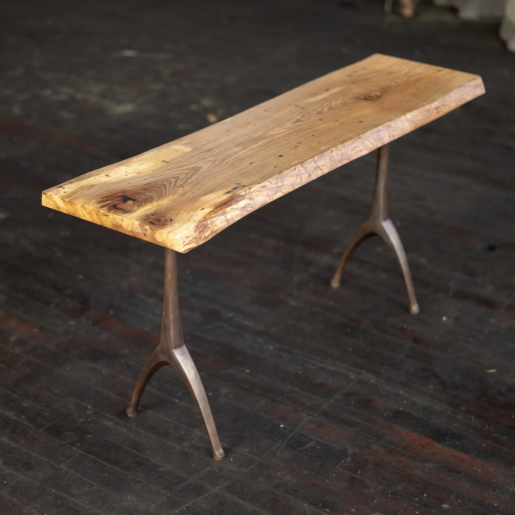 Live Edge Urban Wood and Cast Bronze Console Table | Lakehouse Pedestal Table