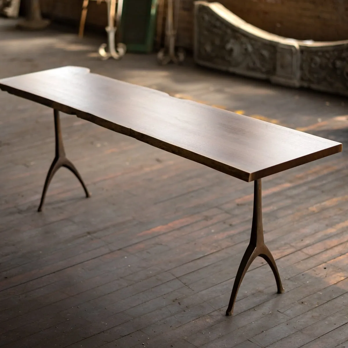 Live Edge Urban Wood and Cast Bronze Console Table | Lakehouse Pedestal Table