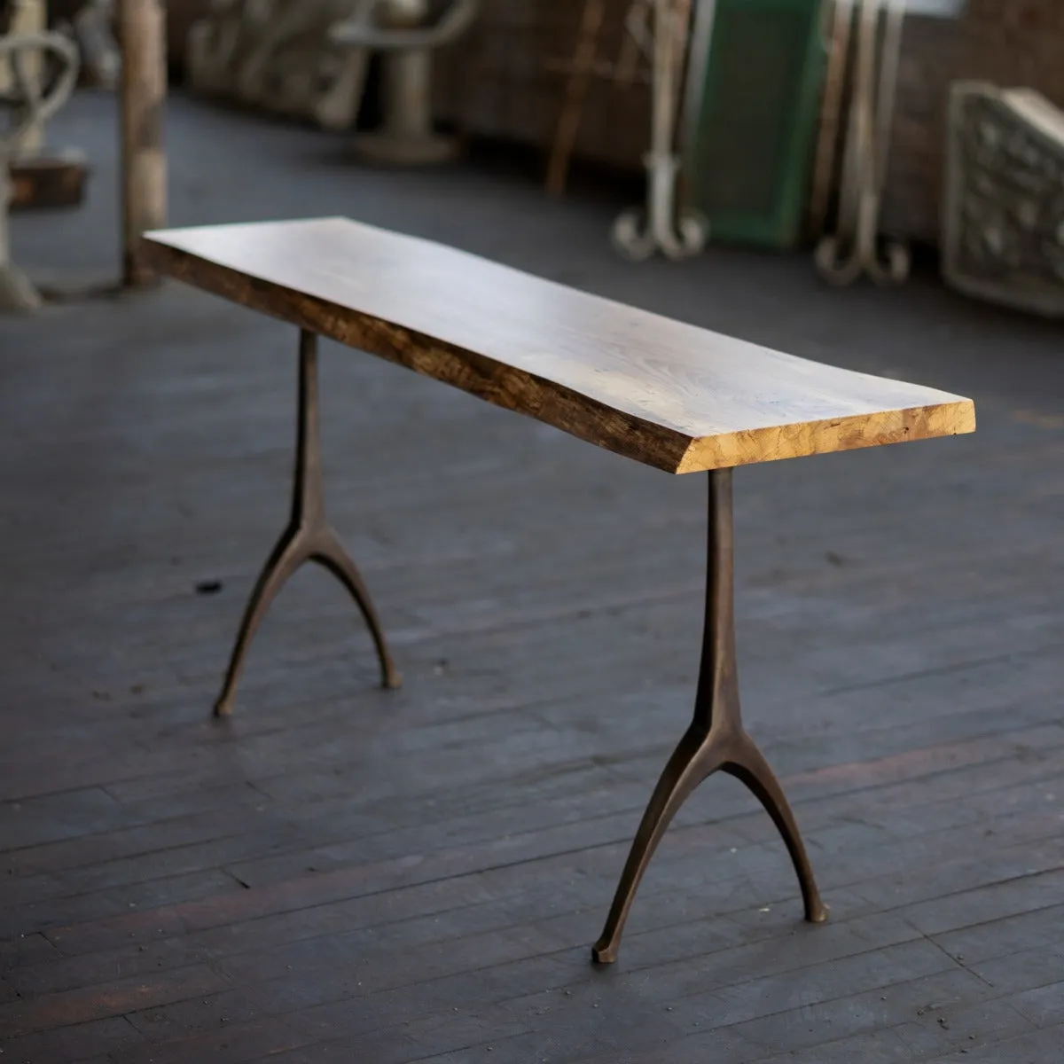 Live Edge Urban Wood and Cast Bronze Console Table | Lakehouse Pedestal Table