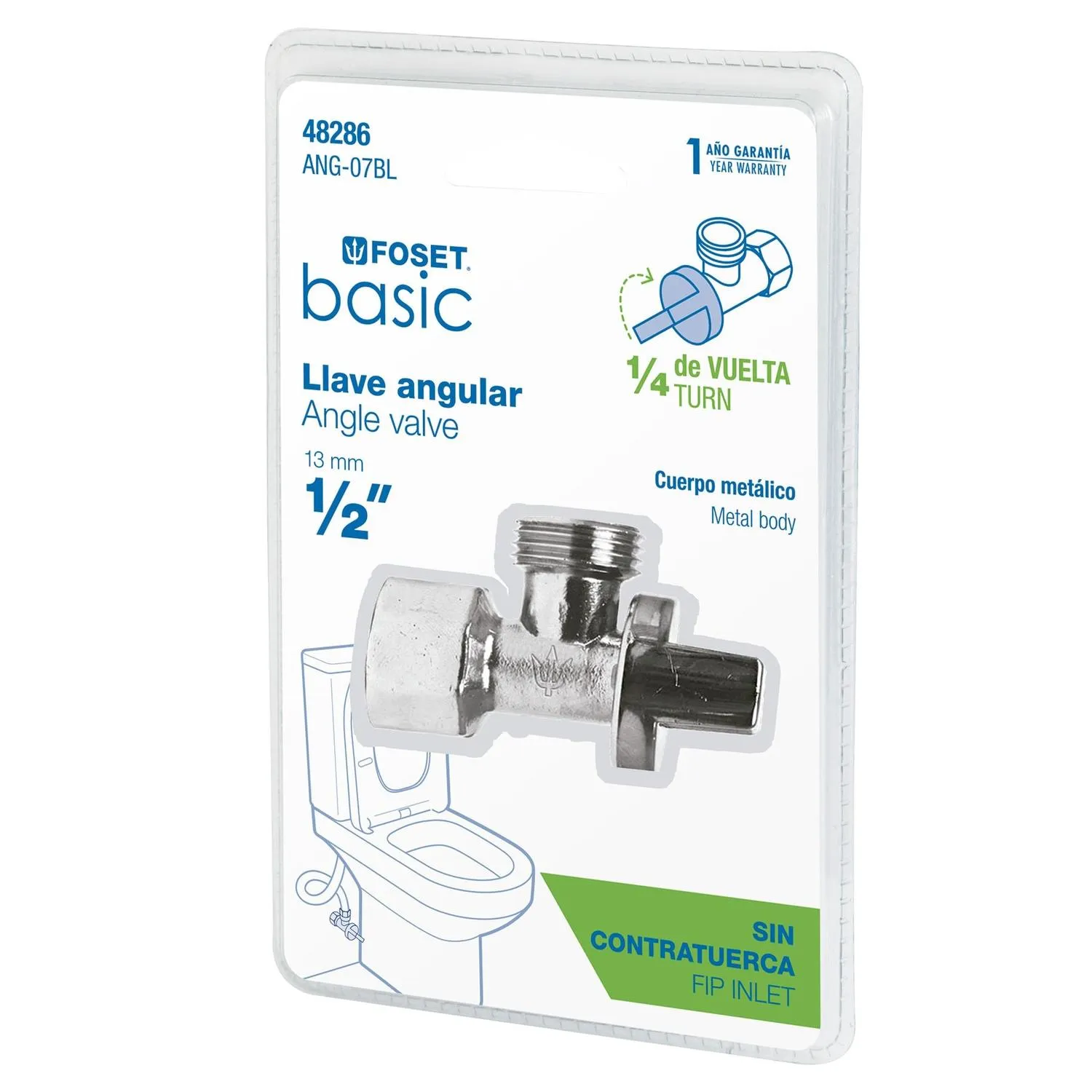 Llave angular 1/2' x 1/2', 1/4 de vuelta, blíster, Foset 48286