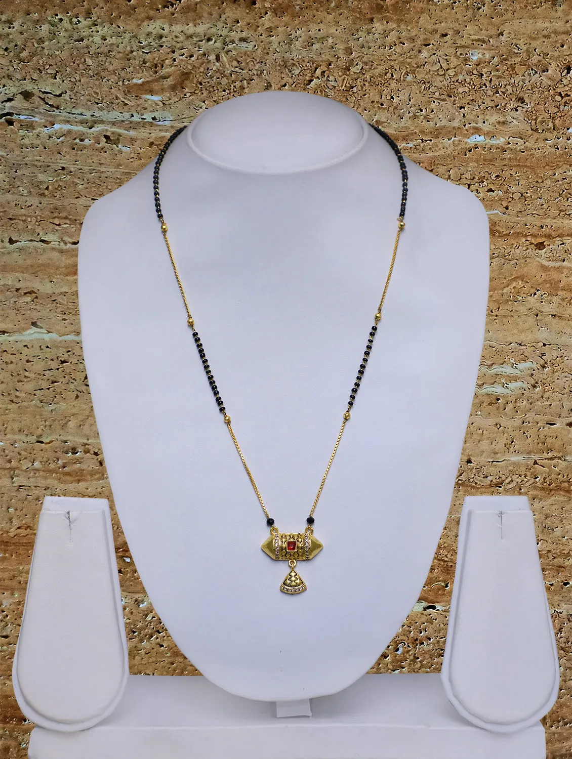 Long Mangalsutra Designs Gold Plated Latest American Diamond Red Stone Pendant 21 Inches Mangalsutra