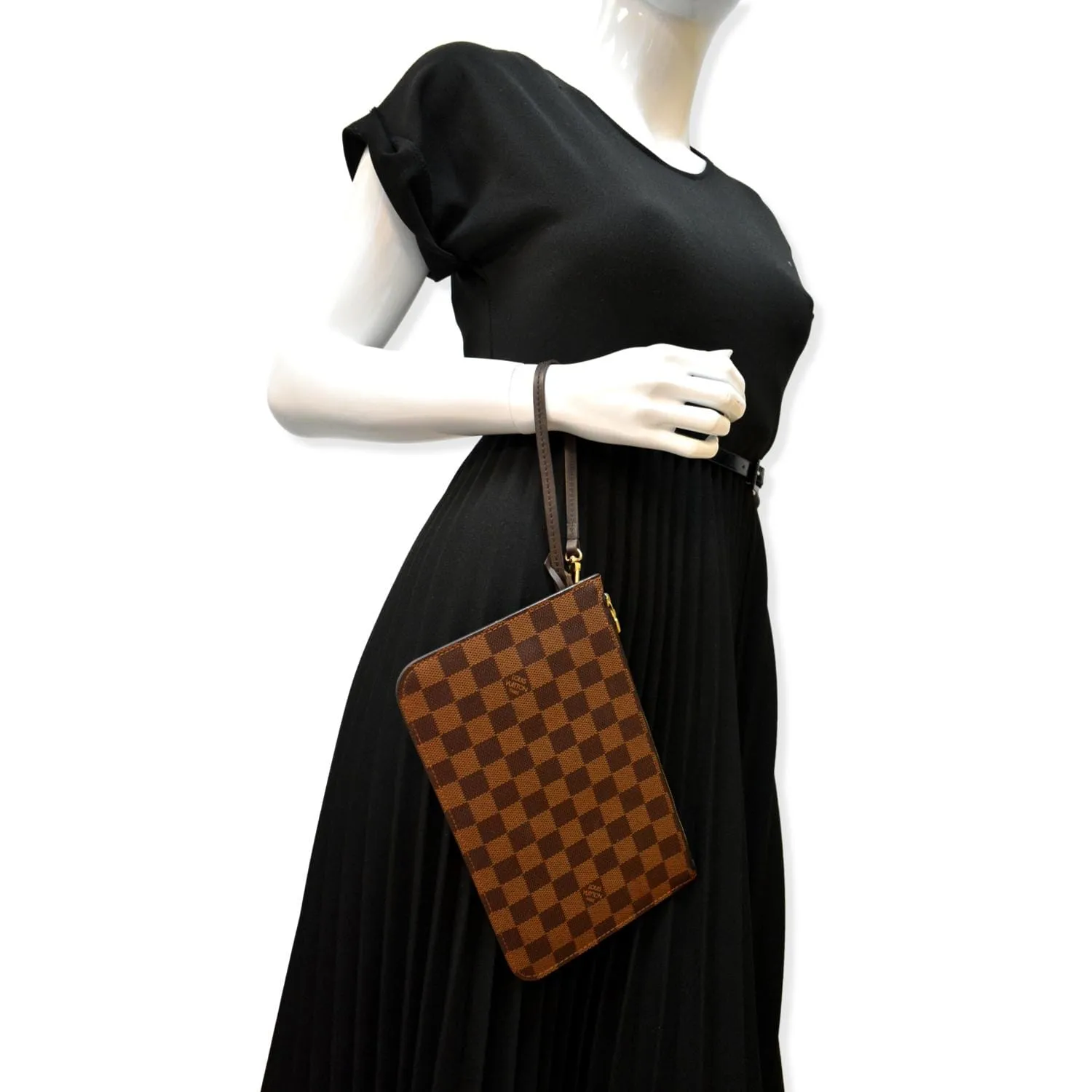 LOUIS VUITTON Neverfull Damier Ebene Pochette Wristlet Pouch Brown