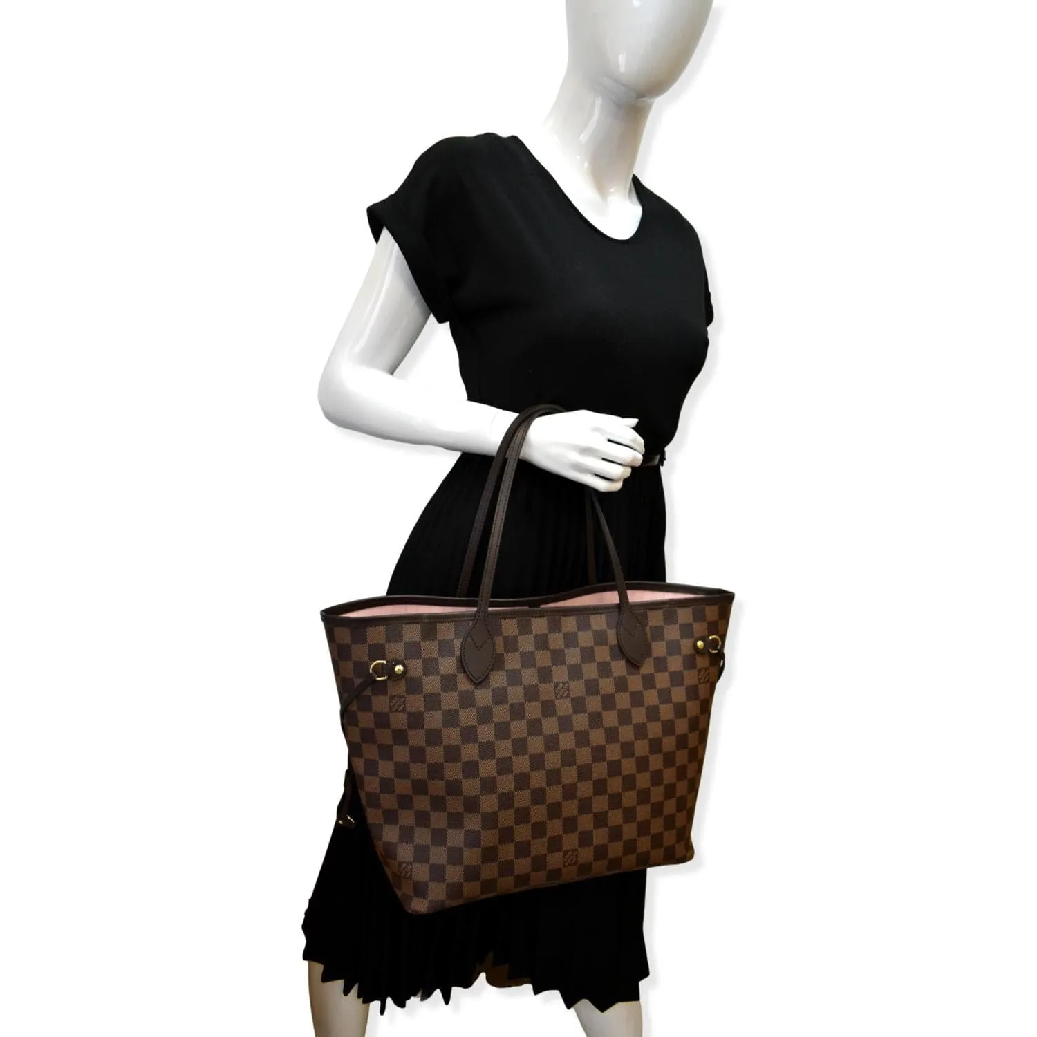 LOUIS VUITTON  Neverfull MM Damier Ebene Tote Bag Rose Ballerine