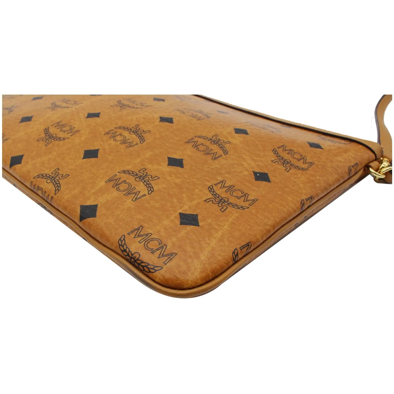 MCM Visetos Monogram Coated Canvas Wristlet Zip Pouch Cognac