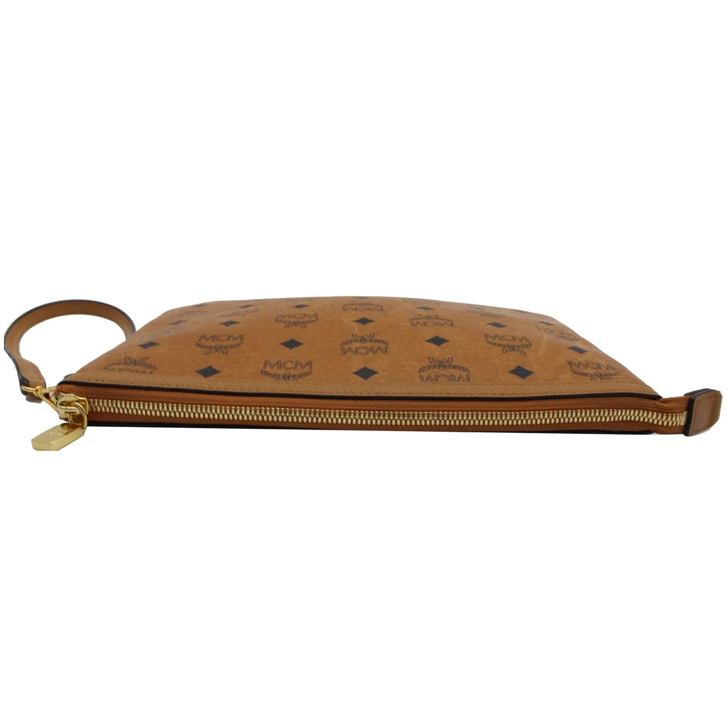 MCM Visetos Monogram Coated Canvas Wristlet Zip Pouch Cognac