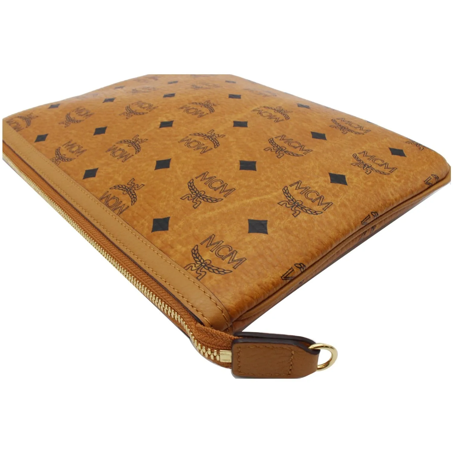 MCM Visetos Monogram Coated Canvas Wristlet Zip Pouch Cognac