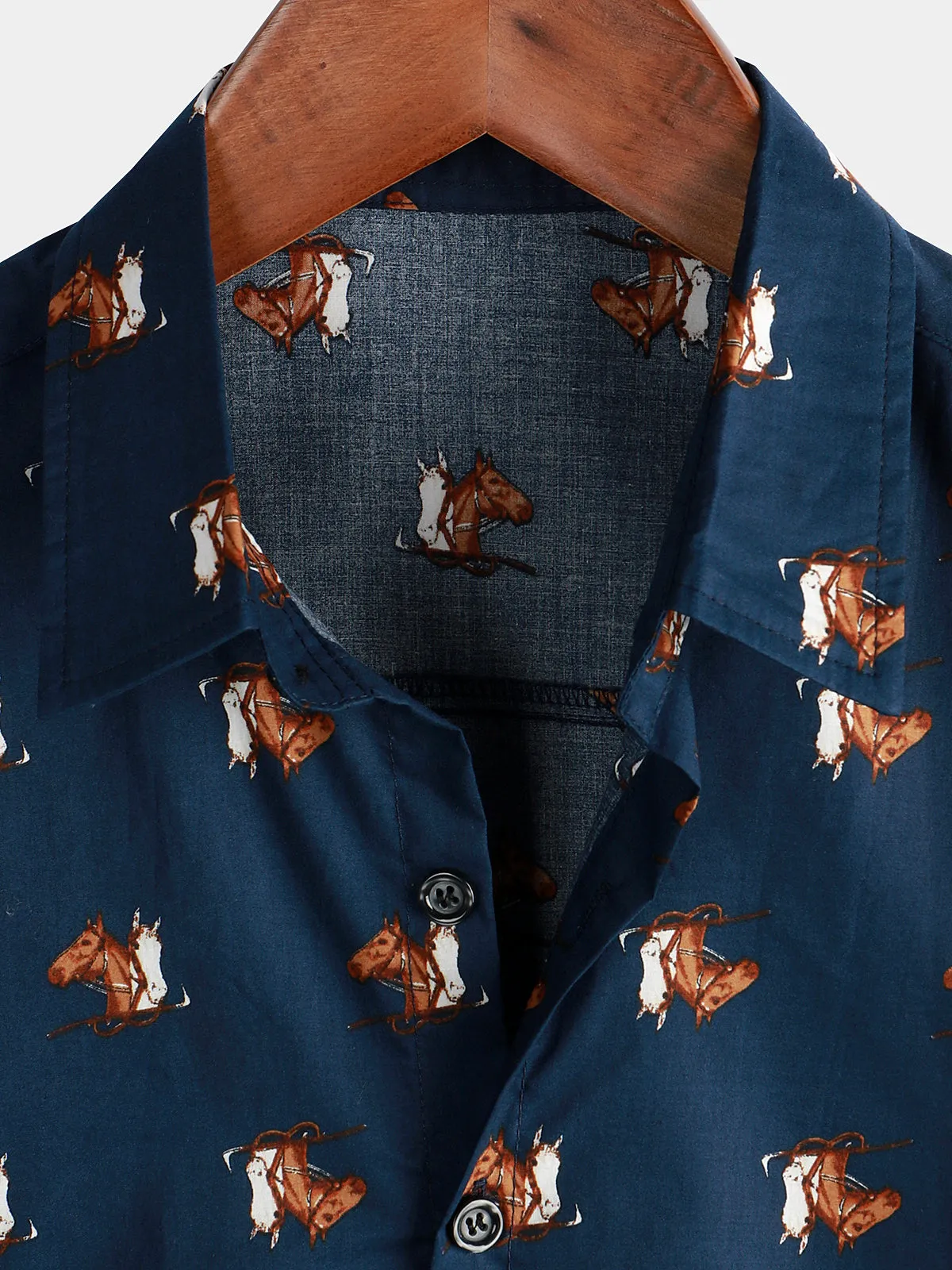 Men's Retro Western Horse Print Cowboy Button Up Hawaiian Holiday Short Sleeve Shirt