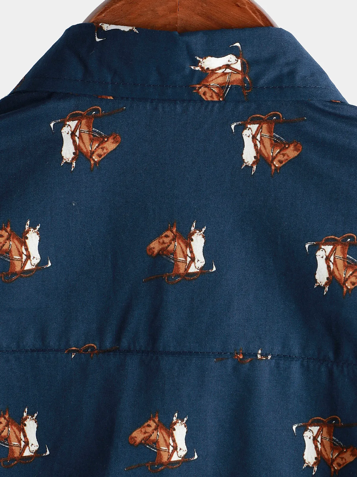 Men's Retro Western Horse Print Cowboy Button Up Hawaiian Holiday Short Sleeve Shirt