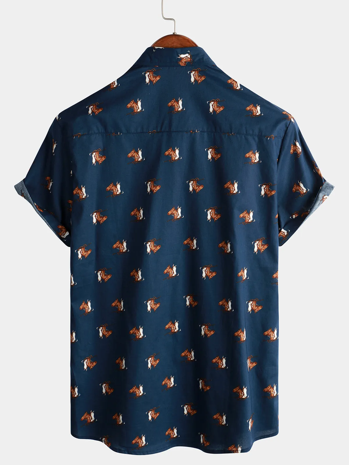 Men's Retro Western Horse Print Cowboy Button Up Hawaiian Holiday Short Sleeve Shirt