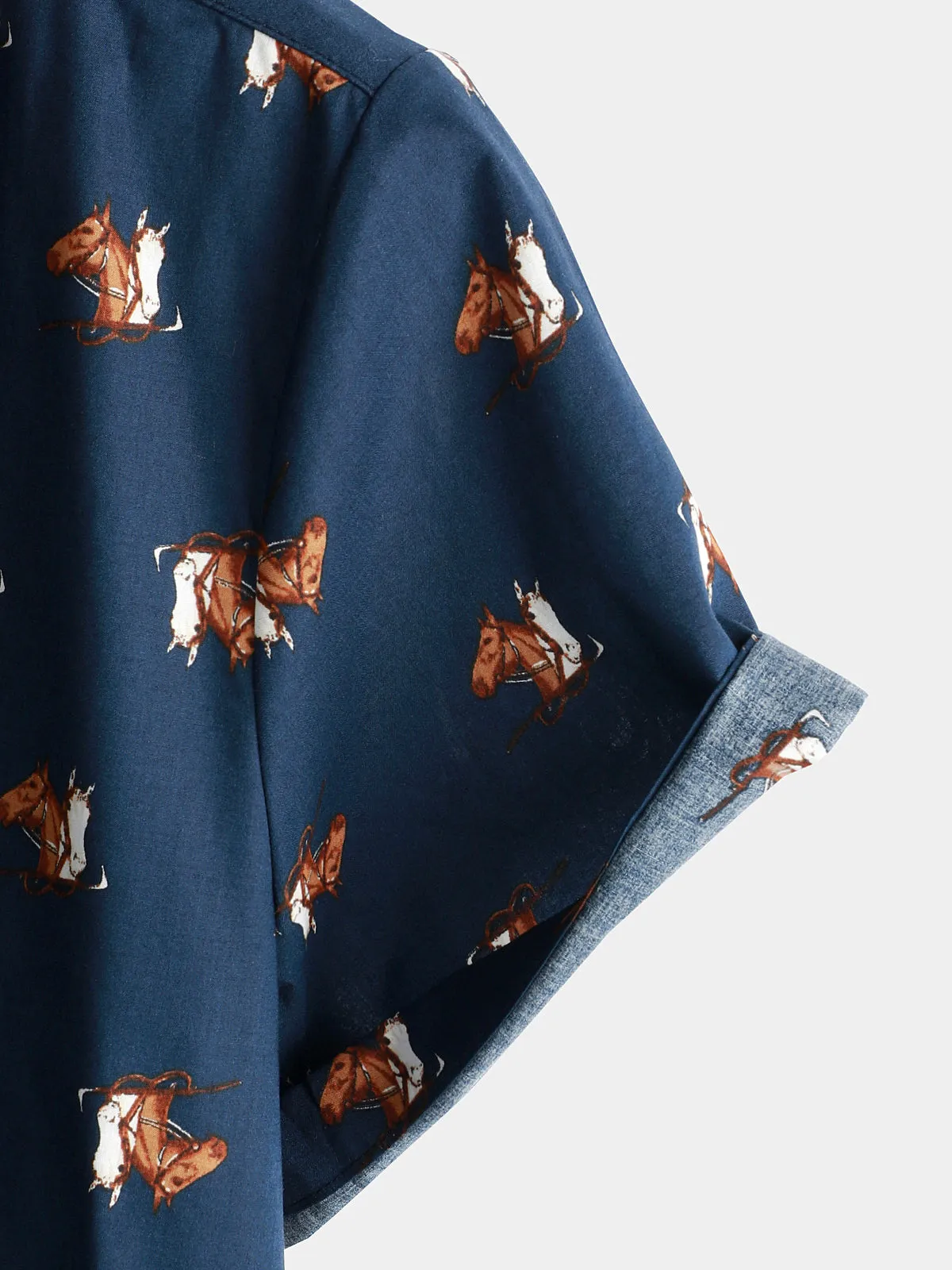 Men's Retro Western Horse Print Cowboy Button Up Hawaiian Holiday Short Sleeve Shirt