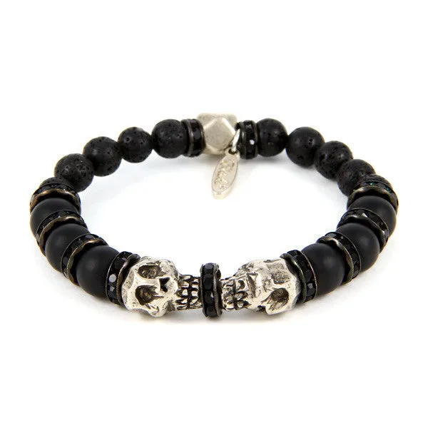 Mens Silver Twin Skulls and Black Rondelle Elastic Bracelet