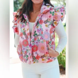Merci - Flutter Sleeve Floral Print Puff Vest!