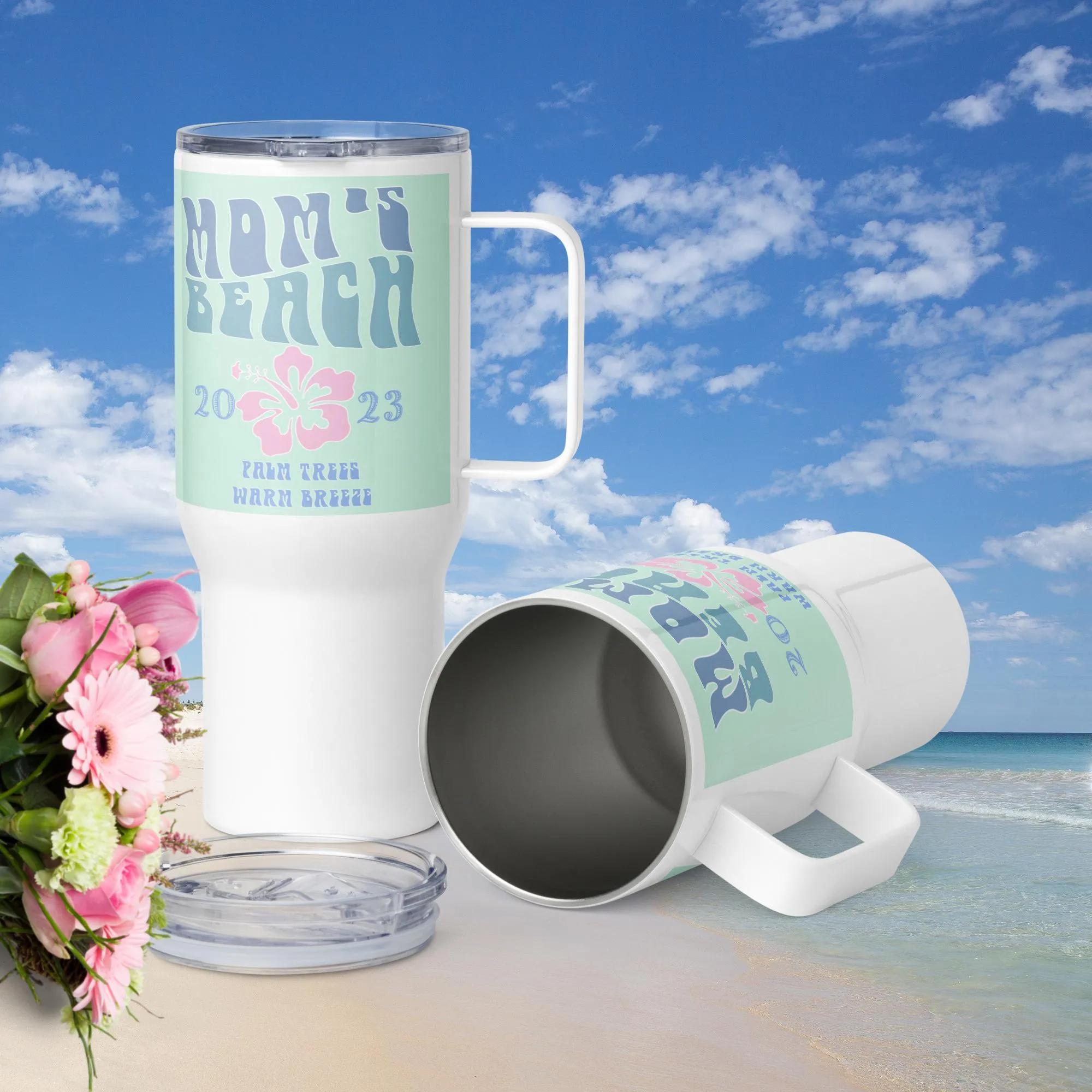 Mom's Beach Insulated Travel Mug Tumbler With Handle 25 Ounce