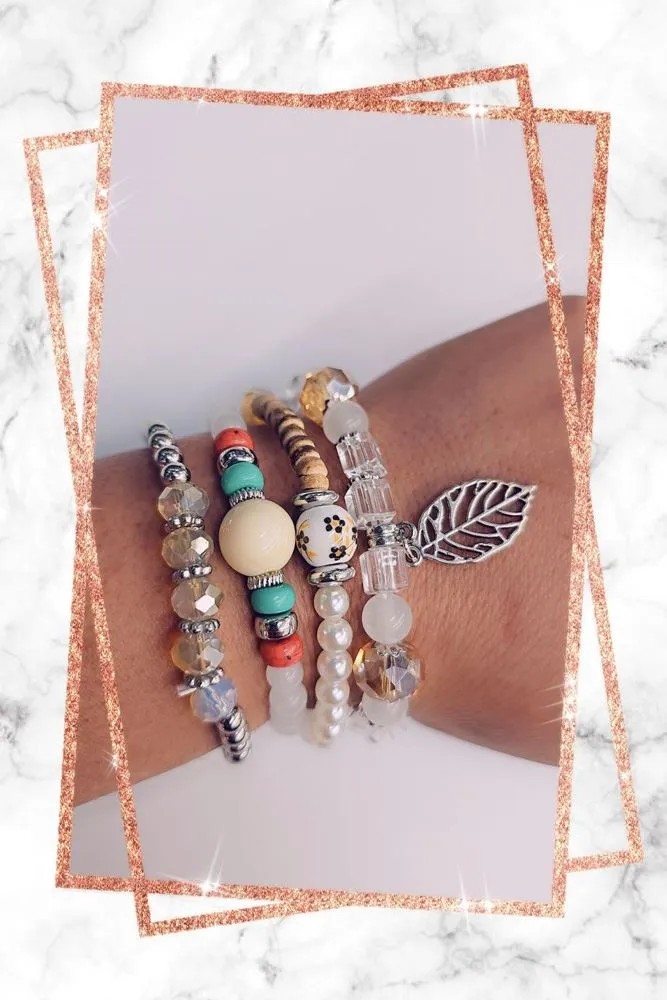 Multi Stone Charm leaf Stretch Bracelet
