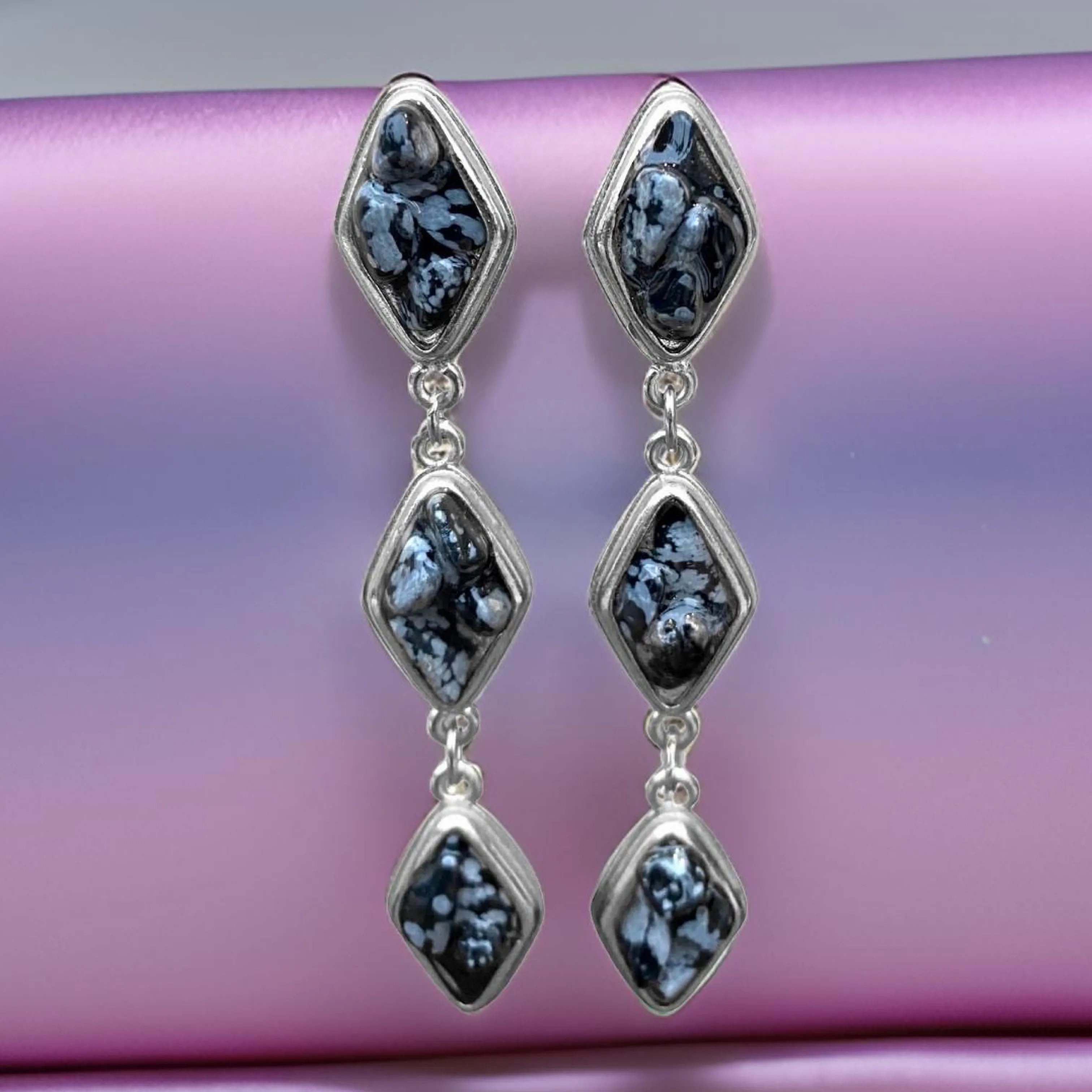 Natural Snow Obsidian and Silver Tier Drop Earrings by The Urban Charm