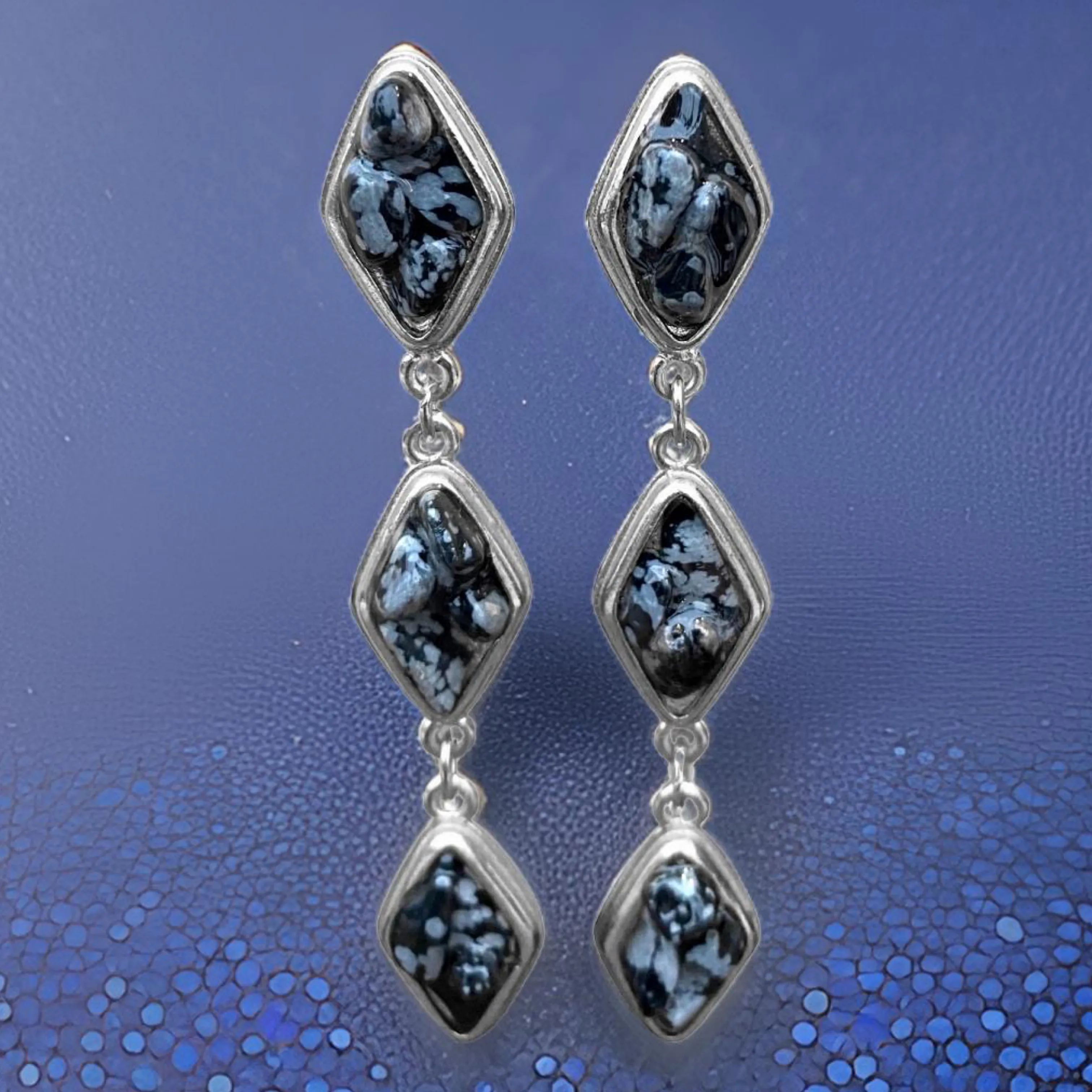Natural Snow Obsidian and Silver Tier Drop Earrings by The Urban Charm