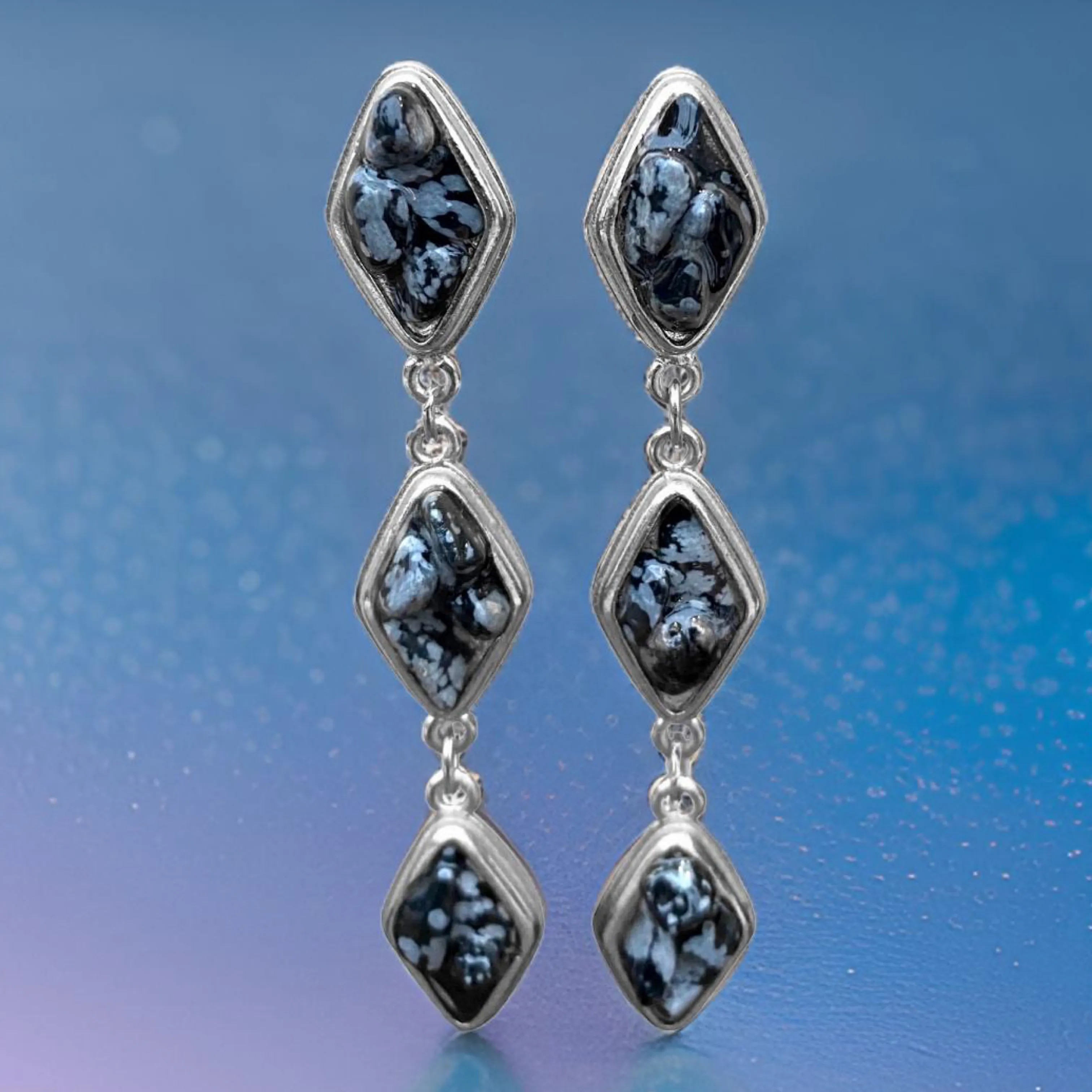 Natural Snow Obsidian and Silver Tier Drop Earrings by The Urban Charm