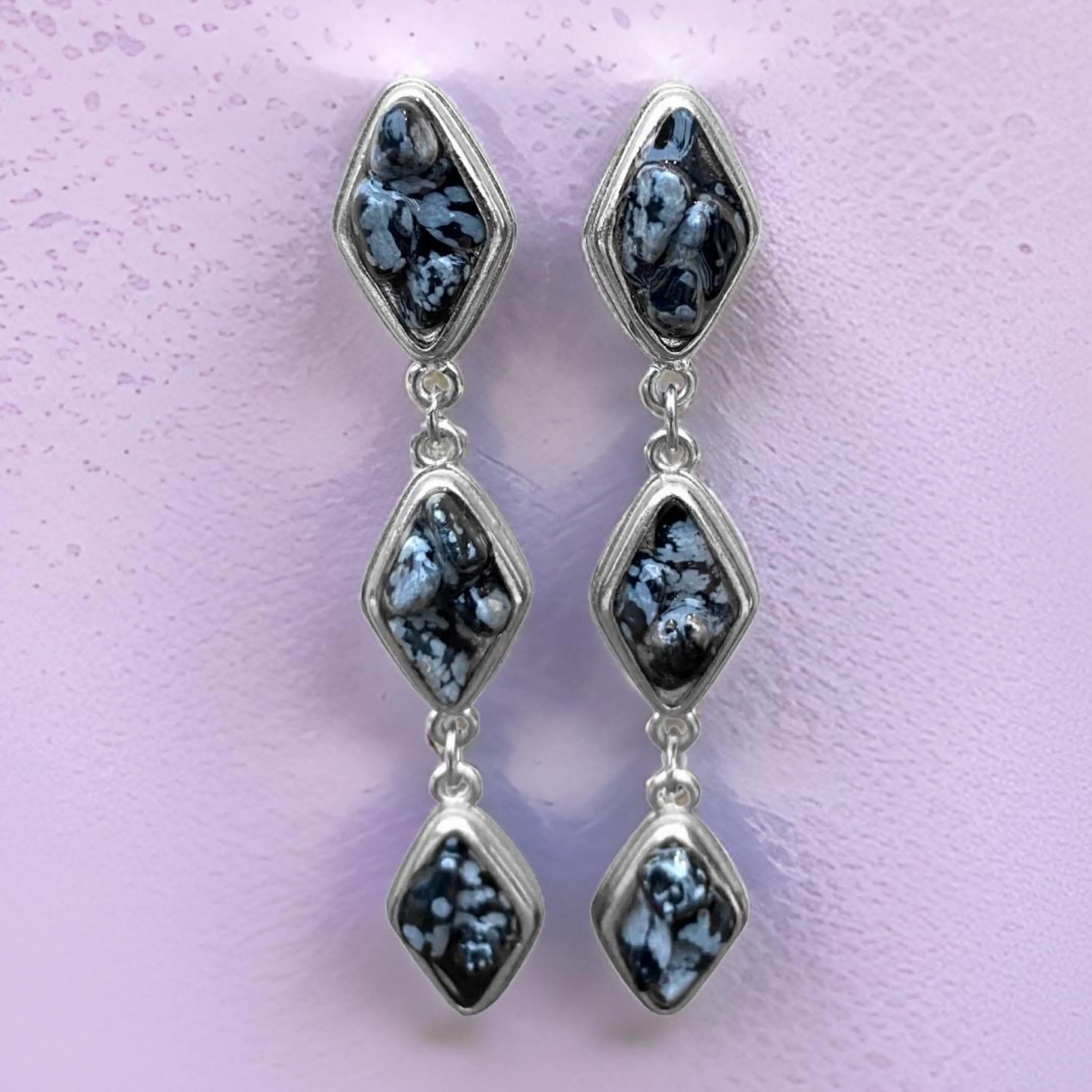 Natural Snow Obsidian and Silver Tier Drop Earrings by The Urban Charm