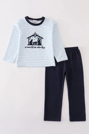 Navy Nativity Embroidery Gingham Boy Set